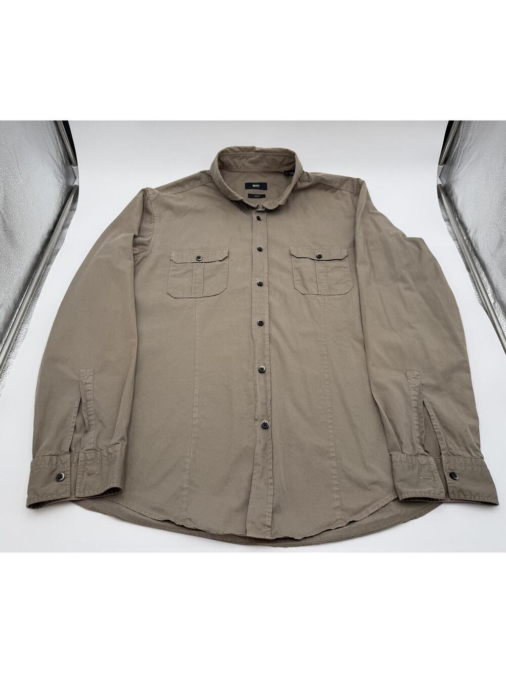 BOSS Hugo Boss Slim Fit Button Up Shirt Mens L Khaki Taupe Long Sleeve